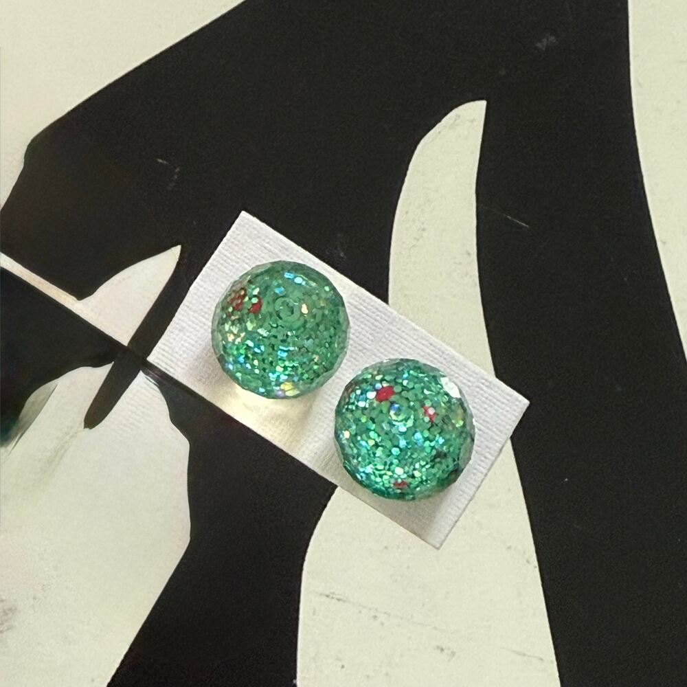 4 for $20 Round Green Glitter Resin Stud Earrings